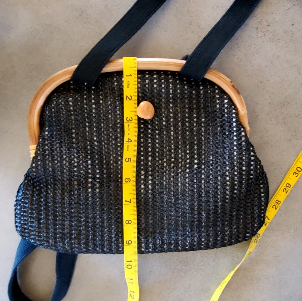 Vintage 1950's Black Woven Rafia Overlay Bamboo Frame Shoulder Bag, EUC - Picture 11 of 15